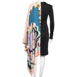 Pre Owned Emilio Pucci Multicolored Printed Silk Overlay Paneled Asymmetric Dress M