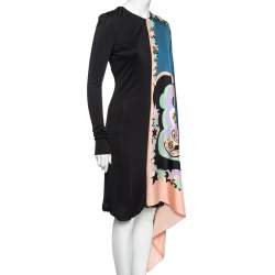 Pre Owned Emilio Pucci Multicolored Printed Silk Overlay Paneled Asymmetric Dress M