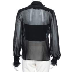 Pre Owned Emilio Pucci Black Silk Ruffle Trim Detailed Button Front Shirt M