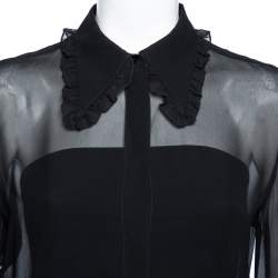 Pre Owned Emilio Pucci Black Silk Ruffle Trim Detailed Button Front Shirt M