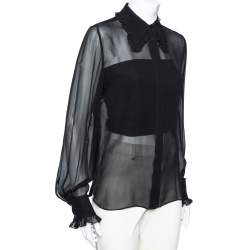Pre Owned Emilio Pucci Black Silk Ruffle Trim Detailed Button Front Shirt M