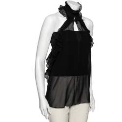 Pre Owned Emilio Pucci Black Silk Ruffled Sheer Top M