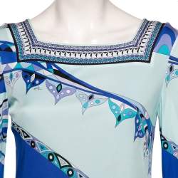 Pre Owned Emilio Pucci Blue Printed Jersey Midi Dress M