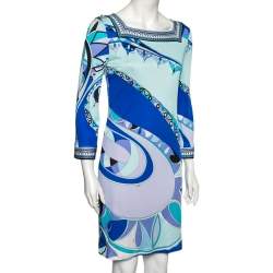 Pre Owned Emilio Pucci Blue Printed Jersey Midi Dress M