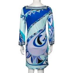 Pre Owned Emilio Pucci Blue Printed Jersey Midi Dress M
