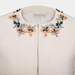 Pre Owned Emilio Pucci Cream Cotton Embellished Neck Detail Jacket S