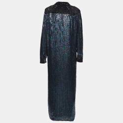 Pre Owned Emilio Pucci Metallic Sequin & Bead Embellished Silk Button Front Shirt Dress L