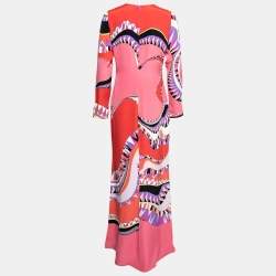 Pre Owned Emilio Pucci Multicolor Printed Silk Long Sleeve Maxi Dress M