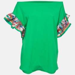 Emilio Pucci Green Cotton & Silk Contrast Sleeve Detail T-Shirt L