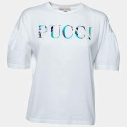 Pre Owned Emilio Pucci White Logo Printed Cotton Short Sleeve T-Shirt S