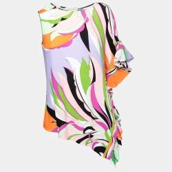 Pre Owned Emilio Pucci Multicolor Printed Jersey & Silk Ruffle Trimmed Top M