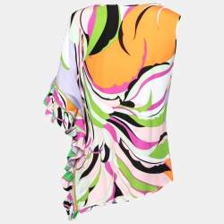 Pre Owned Emilio Pucci Multicolor Printed Jersey & Silk Ruffle Trimmed Top M