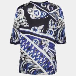 Pre Owned Emilio Pucci Purple Printed Silk Bow Neck Detail Blouse M