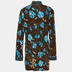 Pre Owned Emilio Pucci Brown Floral Print Crepe Belted Tunic Top L
