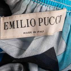 Pre Owned Emilio Pucci Blue Printed Cotton Off-Shoulder Mini Dress M
