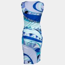 Pre Owned Emilio Pucci Blue Multicolor Printed Jersey Draped Dress M