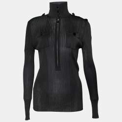 Emilio Pucci Black Jersey Rib Knit Zip Front Polo T-Shirt L