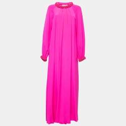 Pre Owned Emilio Pucci Pink Silk Embellished Neck Detail Pleated Long Dress S