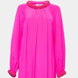 Pre Owned Emilio Pucci Pink Silk Embellished Neck Detail Pleated Long Dress S