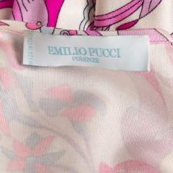 Pre Owned Emilio Pucci White/Pink Printed Silk Ruched Long Sleeve Midi Dress M