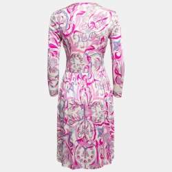 Pre Owned Emilio Pucci White/Pink Printed Silk Ruched Long Sleeve Midi Dress M