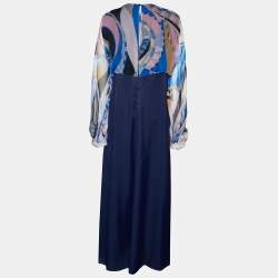 Pre Owned Emilio Pucci Navy Blue Printed Yoke Detail Maxi Dress M