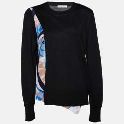 Emilio Pucci Multicolor Printed Silk & Black Wool Sweater Top XL