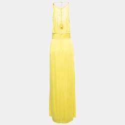 Emilio Pucci Yellow Embroidered Silk Back Open Slit Detail Gown S