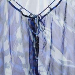 Pre Owned Emilio Pucci Blue Printed Silk Sheer Neck Tie Detail Full Sleeve Top S