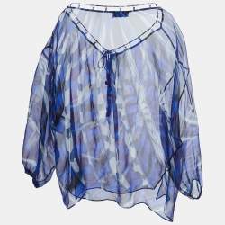 Pre Owned Emilio Pucci Blue Printed Silk Sheer Neck Tie Detail Full Sleeve Top S