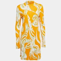 Pre Owned Emilio Pucci Orange Printed Jersey High Neck Mini Dress L