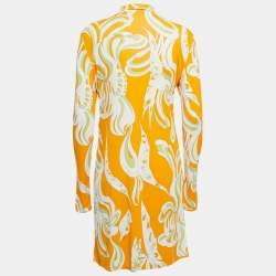 Pre Owned Emilio Pucci Orange Printed Jersey High Neck Mini Dress L