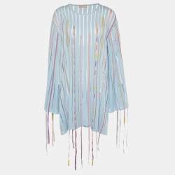 Pre Owned Emilio Pucci Blue Wool Knit & Printed Applique Fringed Detail Mini Dress XL