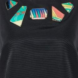 Pre Owned Emilio Pucci Black Cotton Blend Embellished Neck Detail Shift Dress M