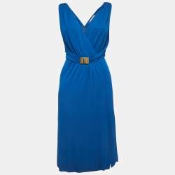 Pre Owned Emilio Pucci Blue Jersey Buckle Detail Draped Sleeveless Midi Dress S