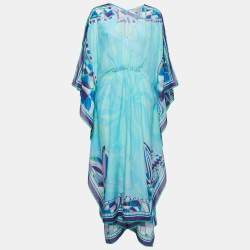 Emilio Pucci Blue Multicolor Printed Cotton Silk Kaftan L Emilio Pucci TLC