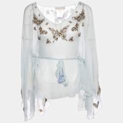 Emilio Pucci Aqua Green Embellished Silk Belted Kaftan Top S