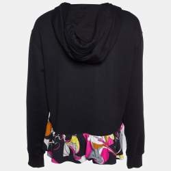 Emilio Pucci Black Cotton Knit Printed Hem Zip Front Hooded Jacket L