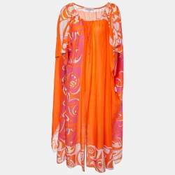 Pre Owned Emilio Pucci Orange Printed Cotton & Silk Kaftan Dress (One Size)