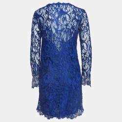 Pre Owned Emilio Pucci Blue Floral Lace Long Sleeve Mini Dress M