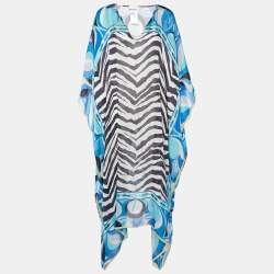 Emilio Pucci Blue Animal Print Silk Sheer Kaftan Dress One Size