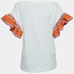 Emilio Pucci White Cotton Knit Contrast Flutter Sleeve T-Shirt M