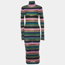 Pre Owned Emilio Pucci Multicolor Striped Lurex Knit Turtleneck Dress M