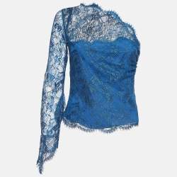 Emilio Pucci Blue Patterned Lace One Shoulder Top M