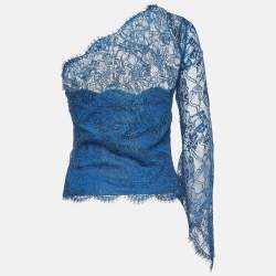 Emilio Pucci Blue Patterned Lace One Shoulder Top M