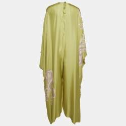 Pre Owned Emilio Pucci Green Printed Silk Wide Leg Jumpsuit One Size