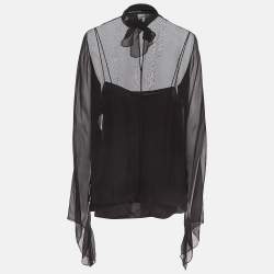 Pre Owned Emilio Pucci Black Sheer Silk Neck Tie Top M