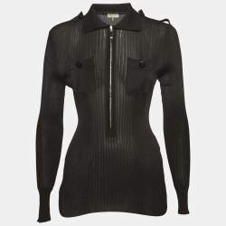 Emilio Pucci Black Jersey Rib Knit Zip Front Polo T-Shirt L