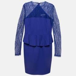 Pre Owned Emilio Pucci Blue Lace Trim Stretch Crepe Peplum Pencil Dress L