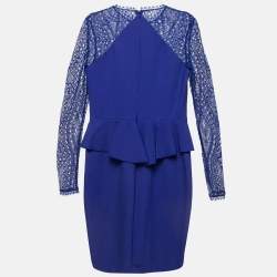 Pre Owned Emilio Pucci Blue Lace Trim Stretch Crepe Peplum Pencil Dress L